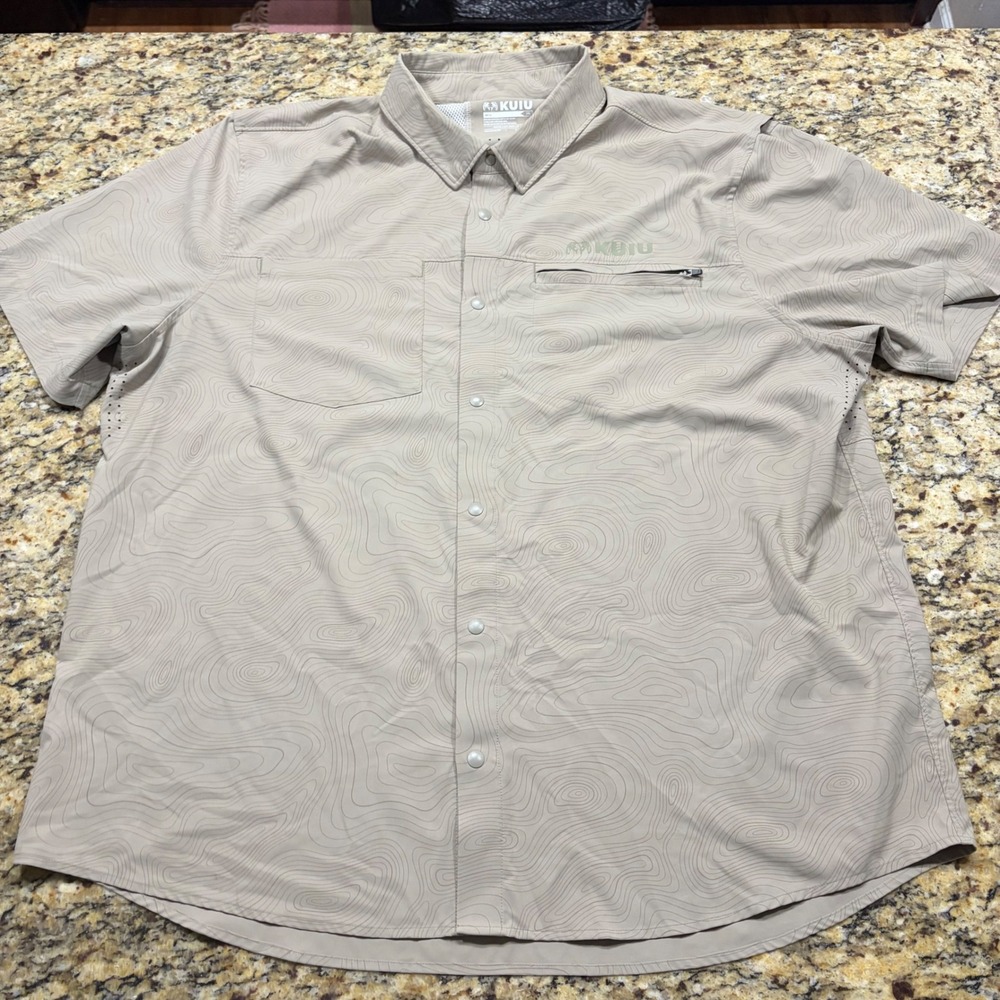 Kuiu Mesa Short Sleeve Shirt Mens 3XL Tan Topo Print UPF 50 Hiking Hunting ws